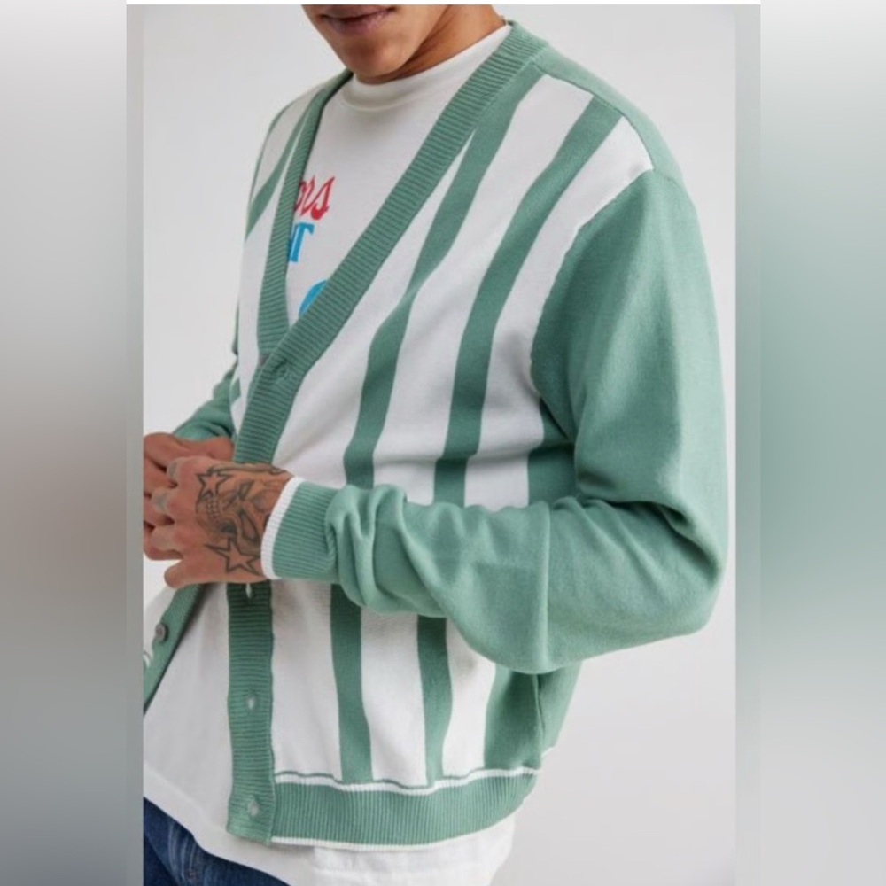 Urban Outfitters Green and White Striped Cardigan